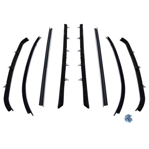 Window sweeper kit. Fits 2-door hardtop. OEM-replacement kit with chrome bead and fuzzy sweepers with proper clips ready to install. 8-piece set includes two front inner and two front outer sweeps,  two rear inner and two rear outer sweeps.