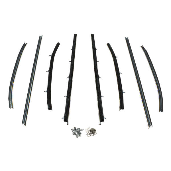 Window sweeper kit. Fits 2-door sedan. OEM-replacement kit with chrome bead and fuzzy sweepers with proper clips ready to install. 8-piece set includes two front inner and two front outer sweeps,  two rear inner and two rear outer sweeps.