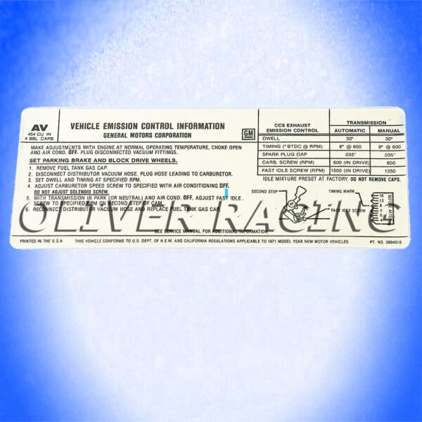 Aufkleber "Vehicle Emission Control" Chevrolet Corvette C3 1971 Decal LS5 365 HP