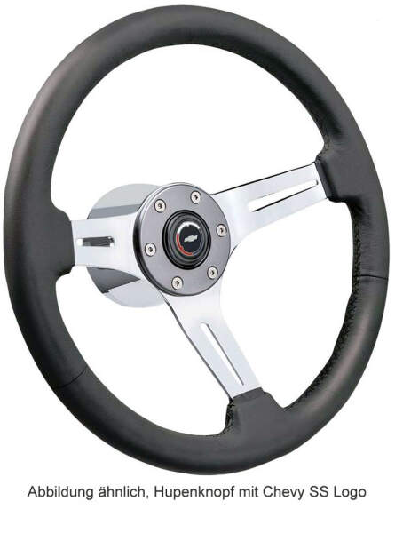 Lenkrad Leder schwarz, 3  Speichen, Aluminium gebürstet mit Chevy SS Logo 14"