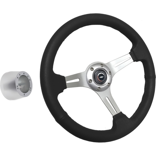 Lenkrad Leder schwarz, 3  Speichen, Aluminium gebürstet mit Chevy Bowtie Logo 14"