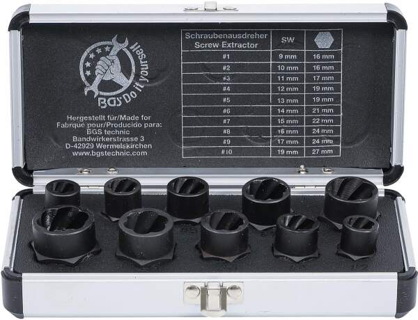 Spiral-Profil-Steckschlüssel-Satz / Schraubenausdreher | Antrieb Innensechskant 10 mm (3/8") / Außensechskant | SW 9 - 19 mm | 10-tlg.