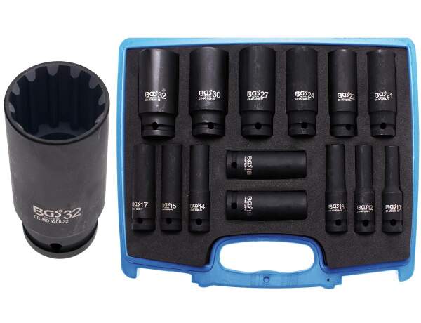 Kraft-Steckschlüssel-Einsatz-Satz Gear Lock | Antrieb Innenvierkant 12,5 mm (1/2") | SW 10 - 32 mm | 14-tlg.